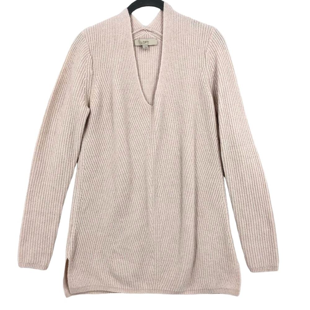 LOFT Sweater Tunic Small Pale Pink Rib Knit V Neck Long Sleeve Cozy Soft